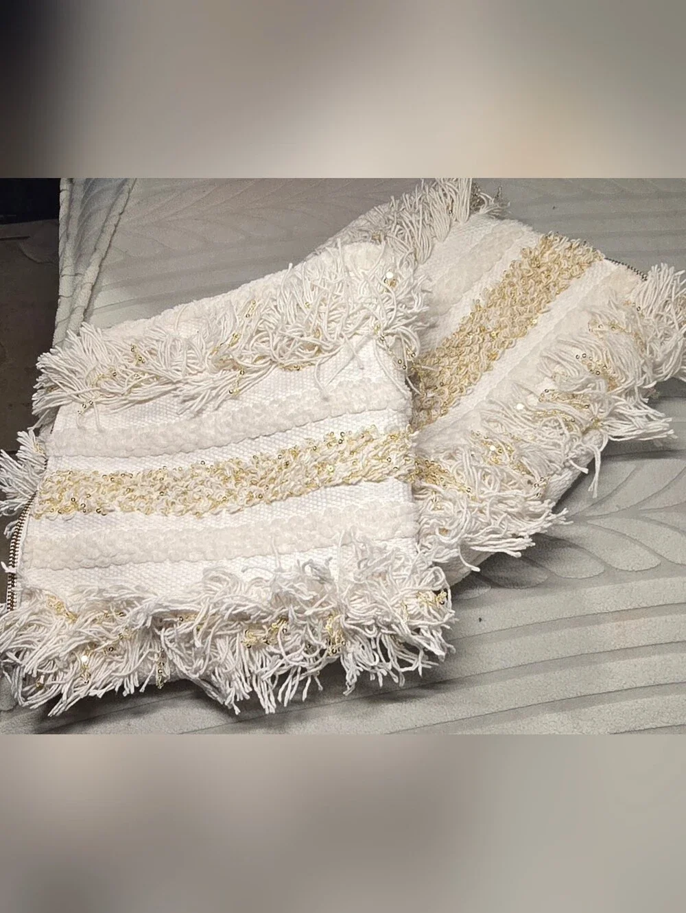 Anthropologie Cream and Beige Textured Fringe Throw Pillow Pair
